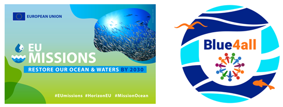 BLUE4ALL logo oikealla ja EU:n Mission Ocean Logo vasemmalla